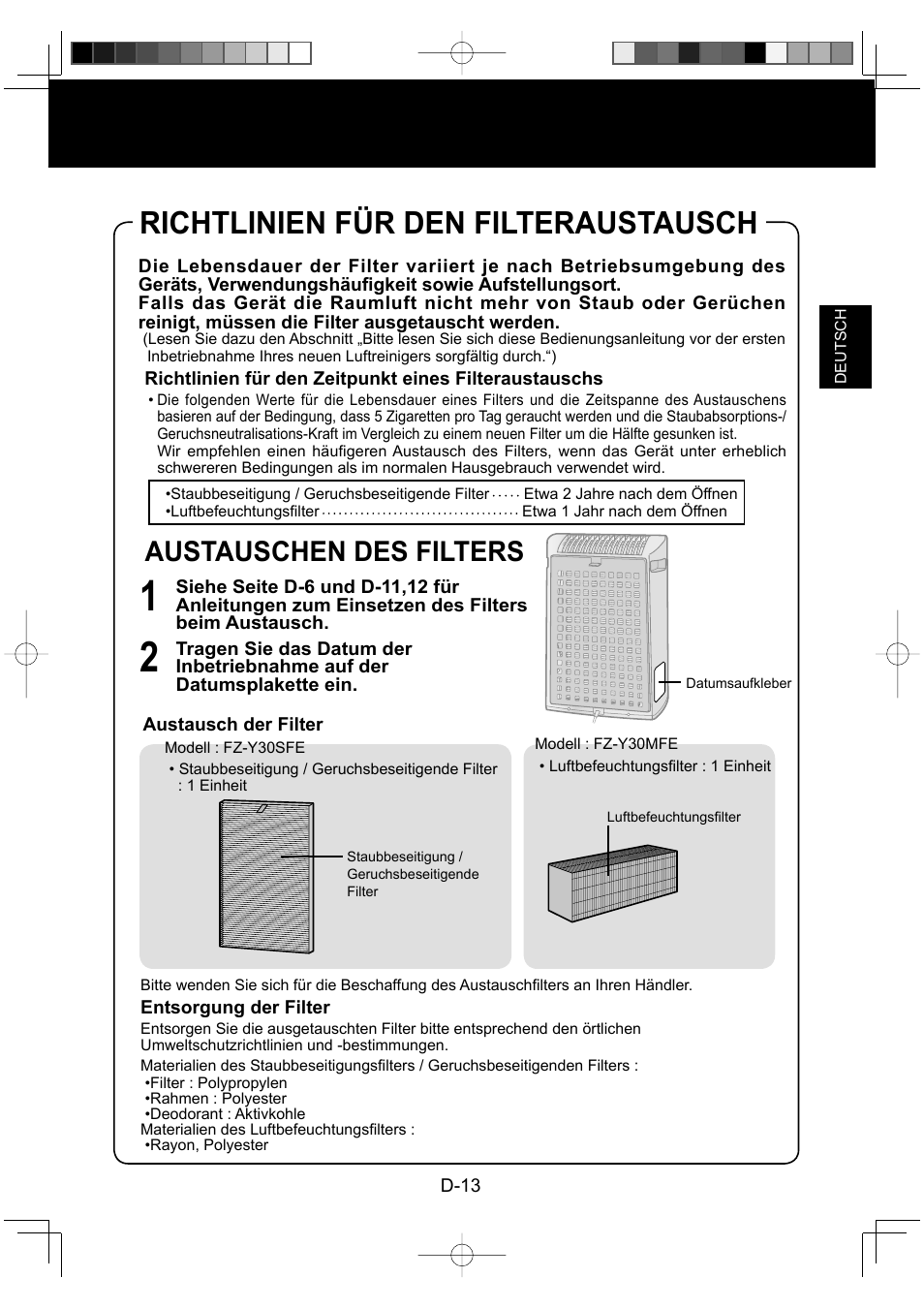 Richtlinien für den filteraustausch, Austauschen des filters | Sharp KC-930EU-W User Manual | Page 33 / 200