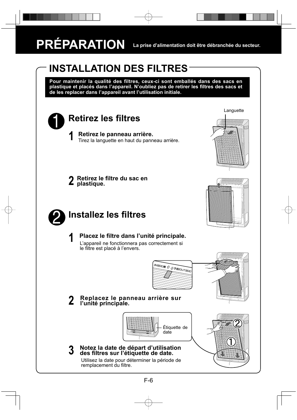 Préparation, Installation des filtres, Retirez les fi ltres | Installez les fi ltres | Sharp KC-930EU-W User Manual | Page 44 / 200