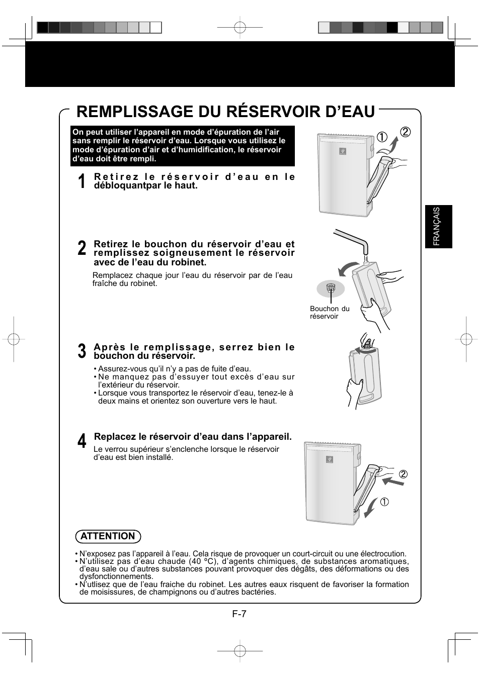 Remplissage du réservoir d’eau | Sharp KC-930EU-W User Manual | Page 45 / 200