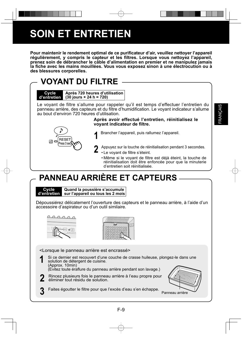 Soin et entretien, Voyant du filtre, Panneau arrière et capteurs | Sharp KC-930EU-W User Manual | Page 47 / 200