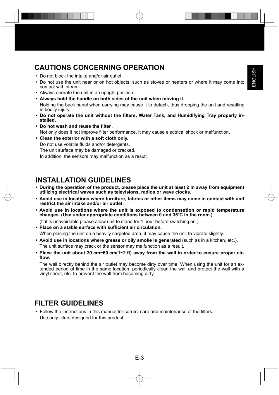 Cautions concerning operation, Installation guidelines, Filter guidelines | Sharp KC-930EU-W User Manual | Page 5 / 200