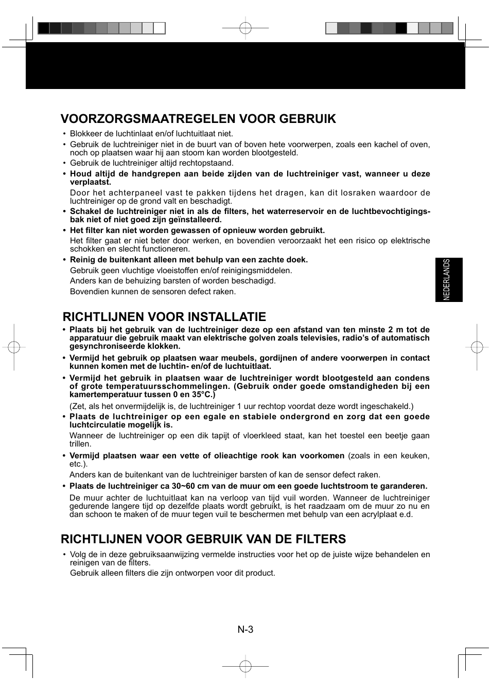 Voorzorgsmaatregelen voor gebruik, Richtlijnen voor installatie, Richtlijnen voor gebruik van de filters | Sharp KC-930EU-W User Manual | Page 59 / 200