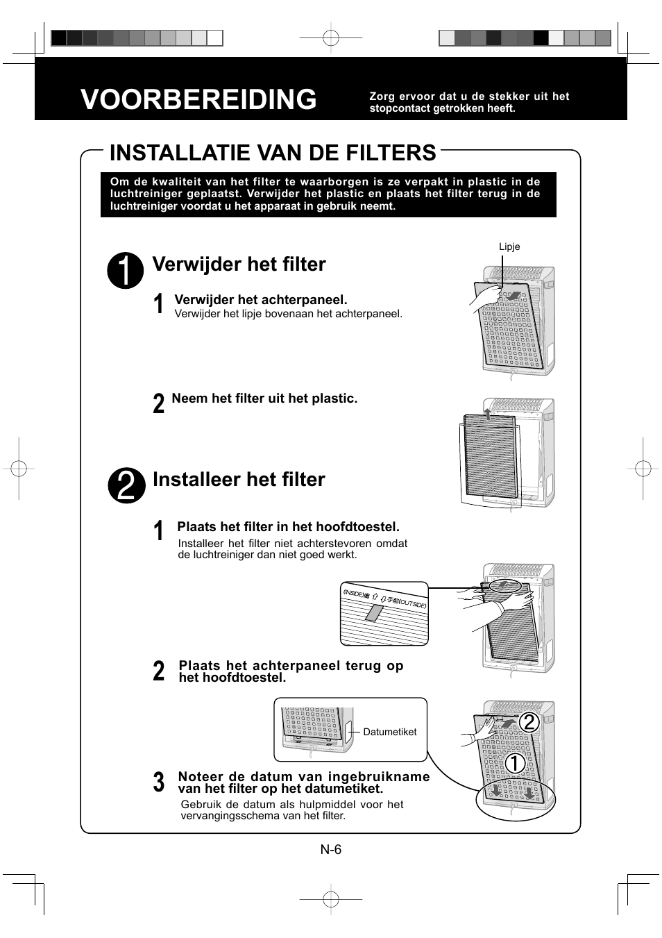 Voorbereiding, Installatie van de filters, Verwijder het fi lter | Installeer het fi lter | Sharp KC-930EU-W User Manual | Page 62 / 200