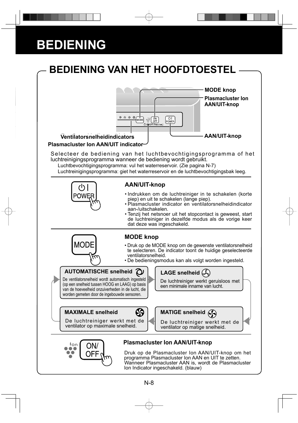 Bediening, Bediening van het hoofdtoestel | Sharp KC-930EU-W User Manual | Page 64 / 200