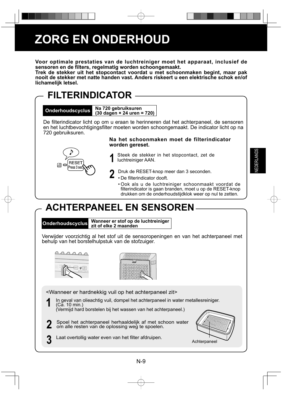 Zorg en onderhoud, Filterindicator, Achterpaneel en sensoren | Sharp KC-930EU-W User Manual | Page 65 / 200