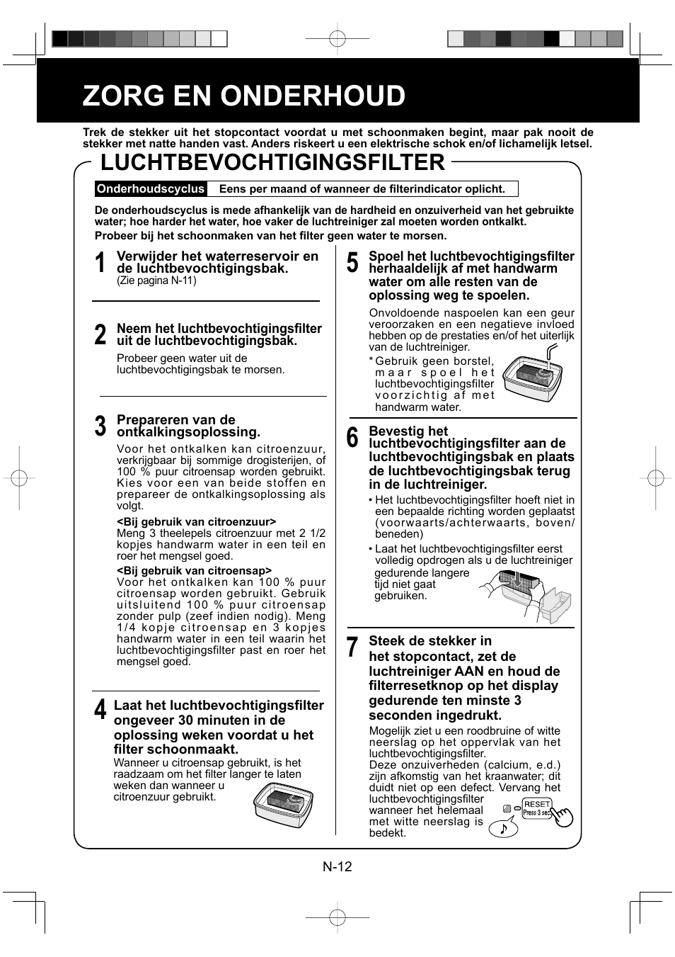 Zorg en onderhoud, Luchtbevochtigingsfilter | Sharp KC-930EU-W User Manual | Page 68 / 200