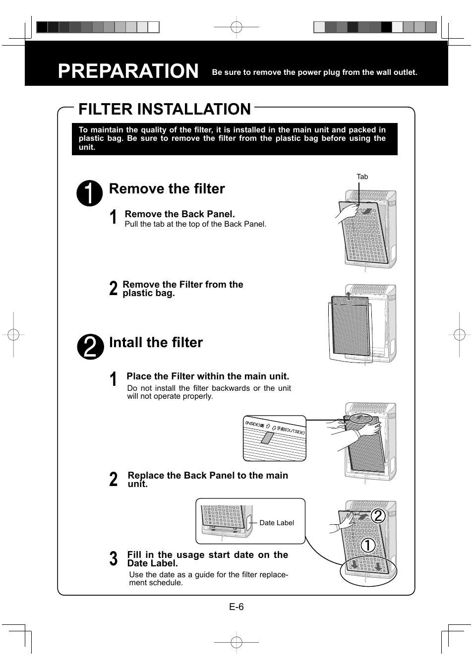 Preparation, Filter installation, Remove the fi lter | Intall the fi lter | Sharp KC-930EU-W User Manual | Page 8 / 200