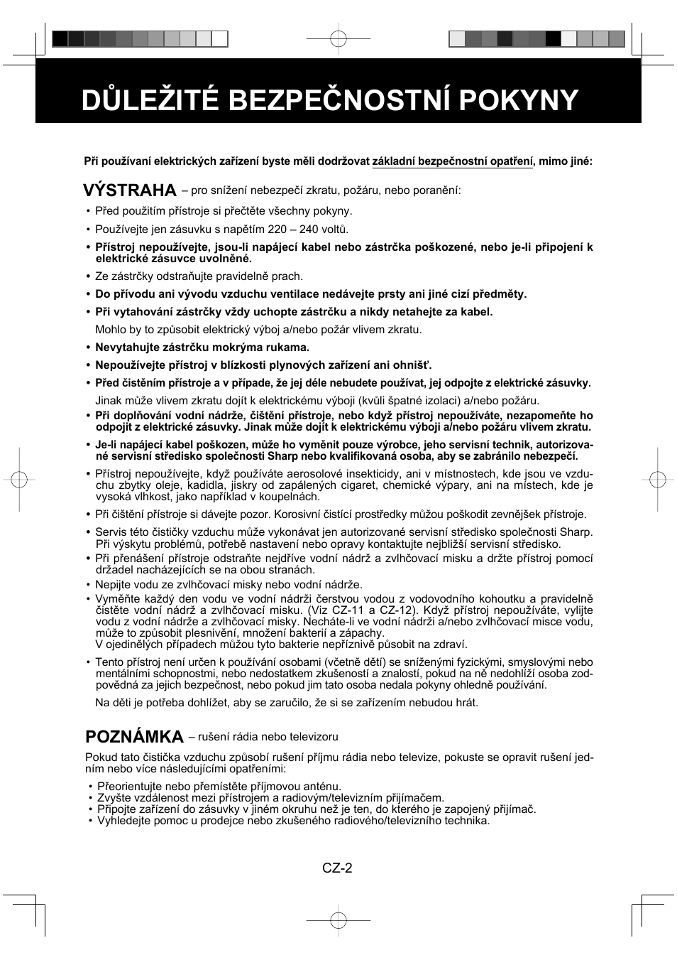 Důležité bezpečnostní pokyny, Výstraha, Poznámka | Sharp KC-930EU-W User Manual | Page 94 / 200