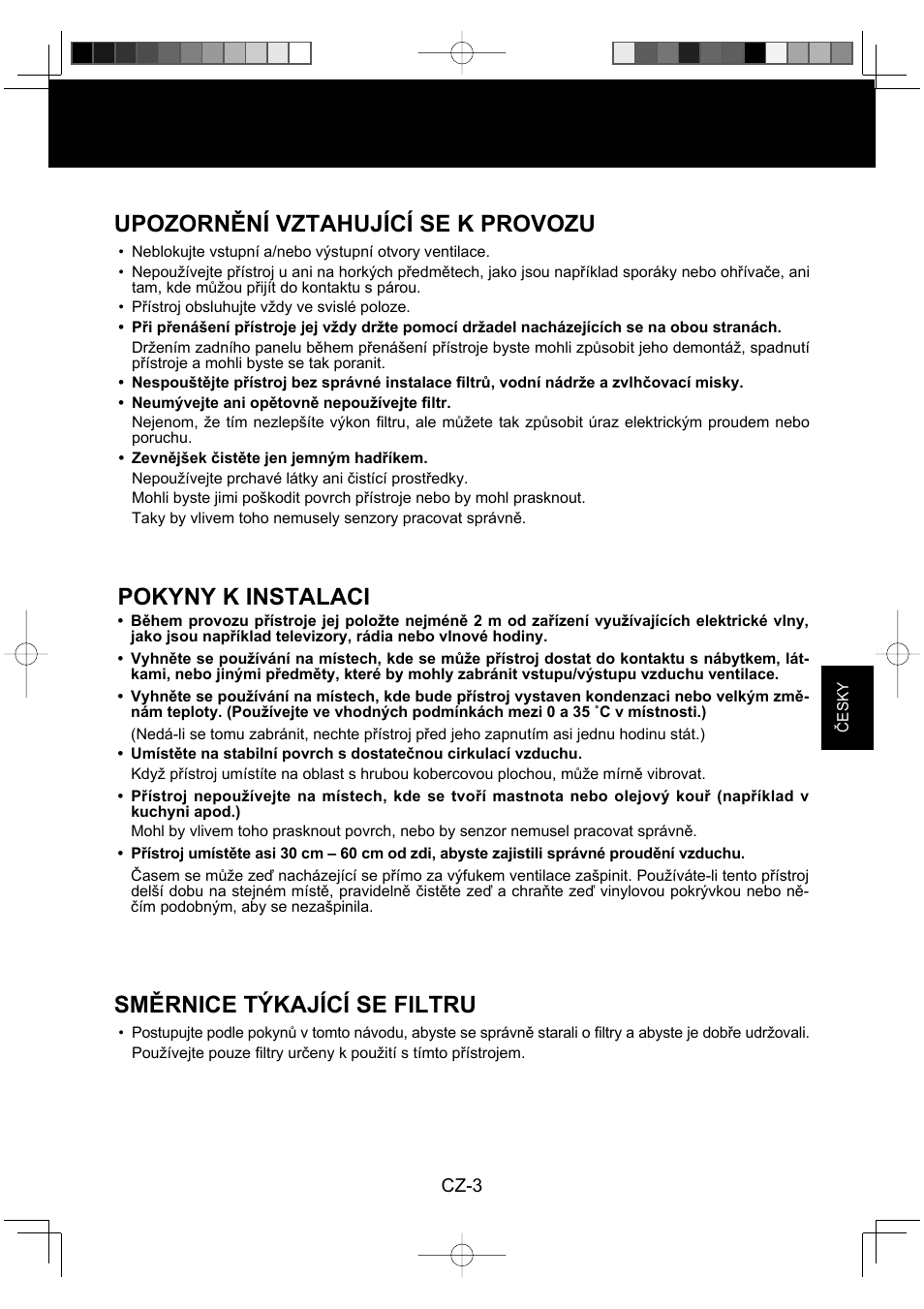 Upozornění vztahující se k provozu, Pokyny k instalaci, Směrnice týkající se filtru | Sharp KC-930EU-W User Manual | Page 95 / 200