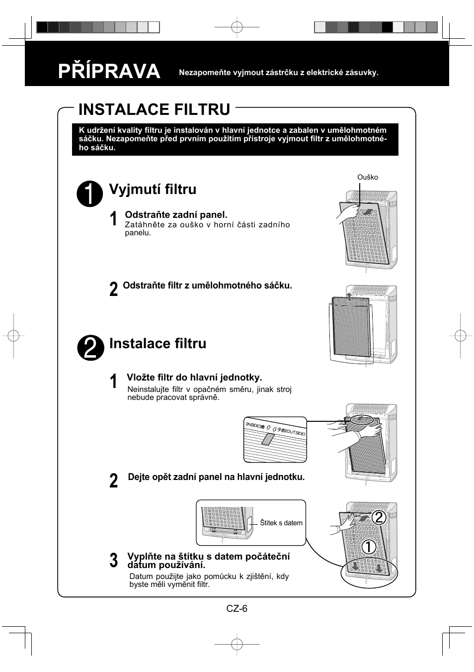 Příprava, Instalace filtru, Vyjmutí fi ltru | Instalace fi ltru | Sharp KC-930EU-W User Manual | Page 98 / 200