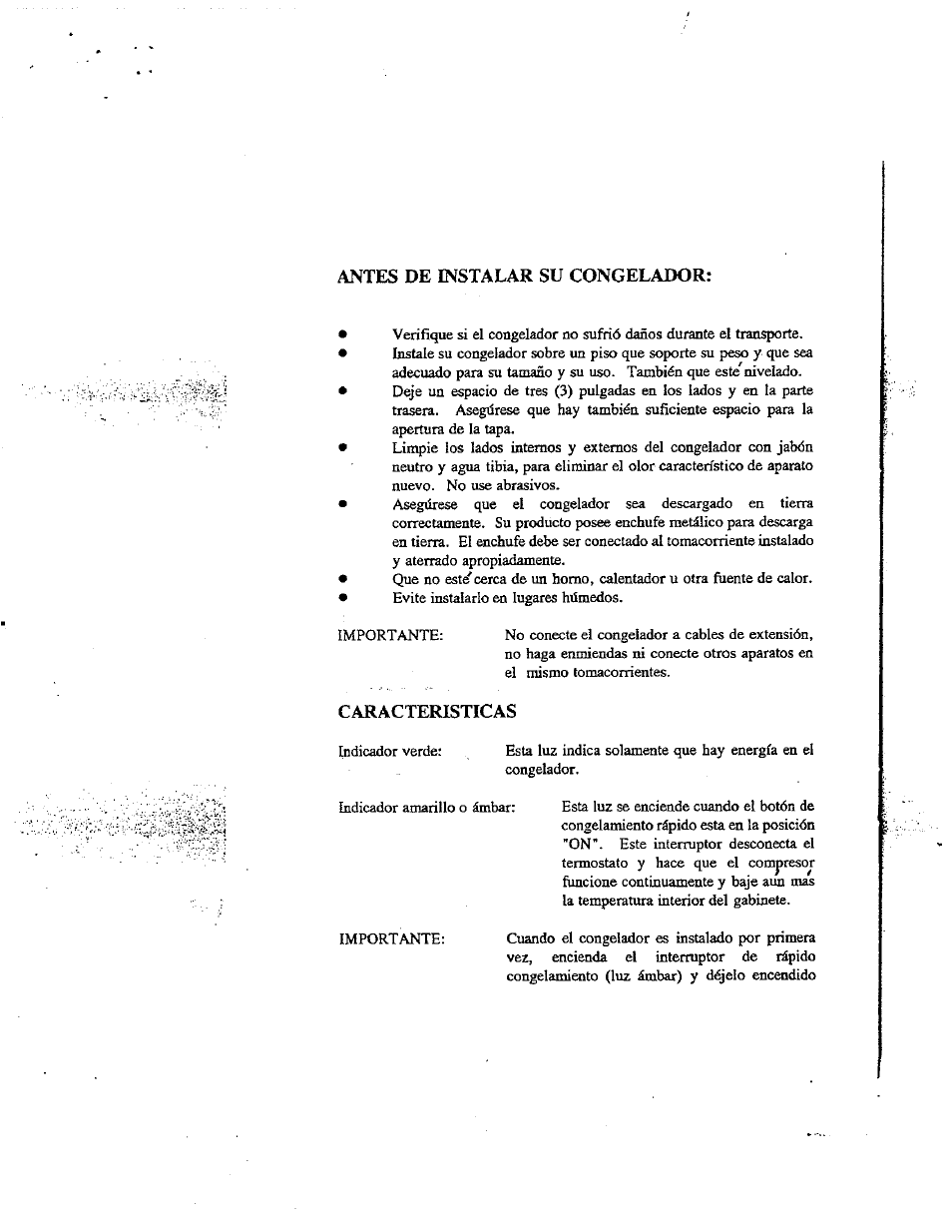 Antes de instalar su congelador, Caracteristicas | Avanti CF49 User Manual | Page 10 / 11