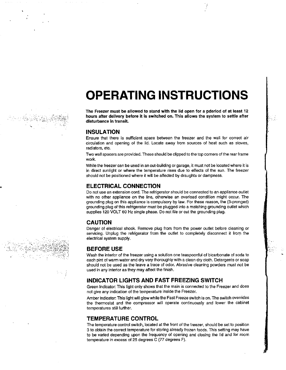 Insulation, Electrical connection, Caution | Before use, Indicator lights and fast freezing switch, Temperature control, Operating instructions | Avanti CF49 User Manual | Page 2 / 11