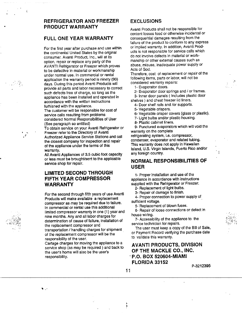 Exclusions, Normal responsibilities of user | Avanti 863 YW User Manual | Page 12 / 12