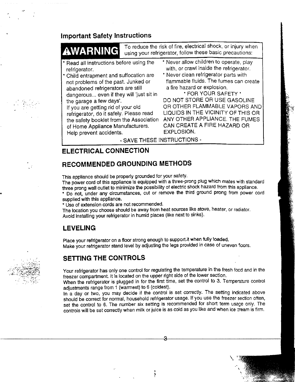 Important safety instructions, Leveling, Setting the controls | Awarning | Avanti 863 YW User Manual | Page 4 / 12