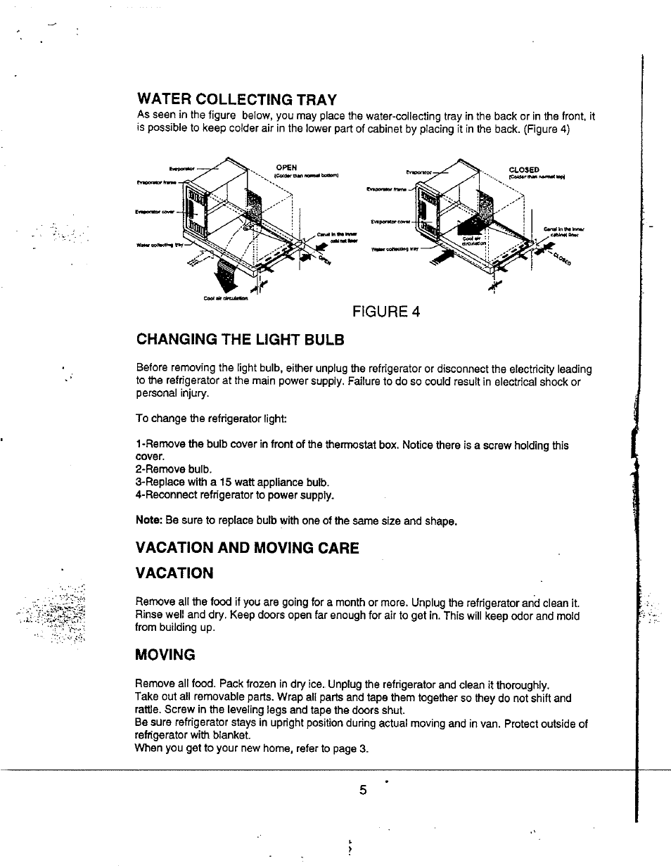 Water collecting tray, Changing the light bulb, Vacation and moving care vacation | Moving, Figure 4 | Avanti 863 YW User Manual | Page 6 / 12