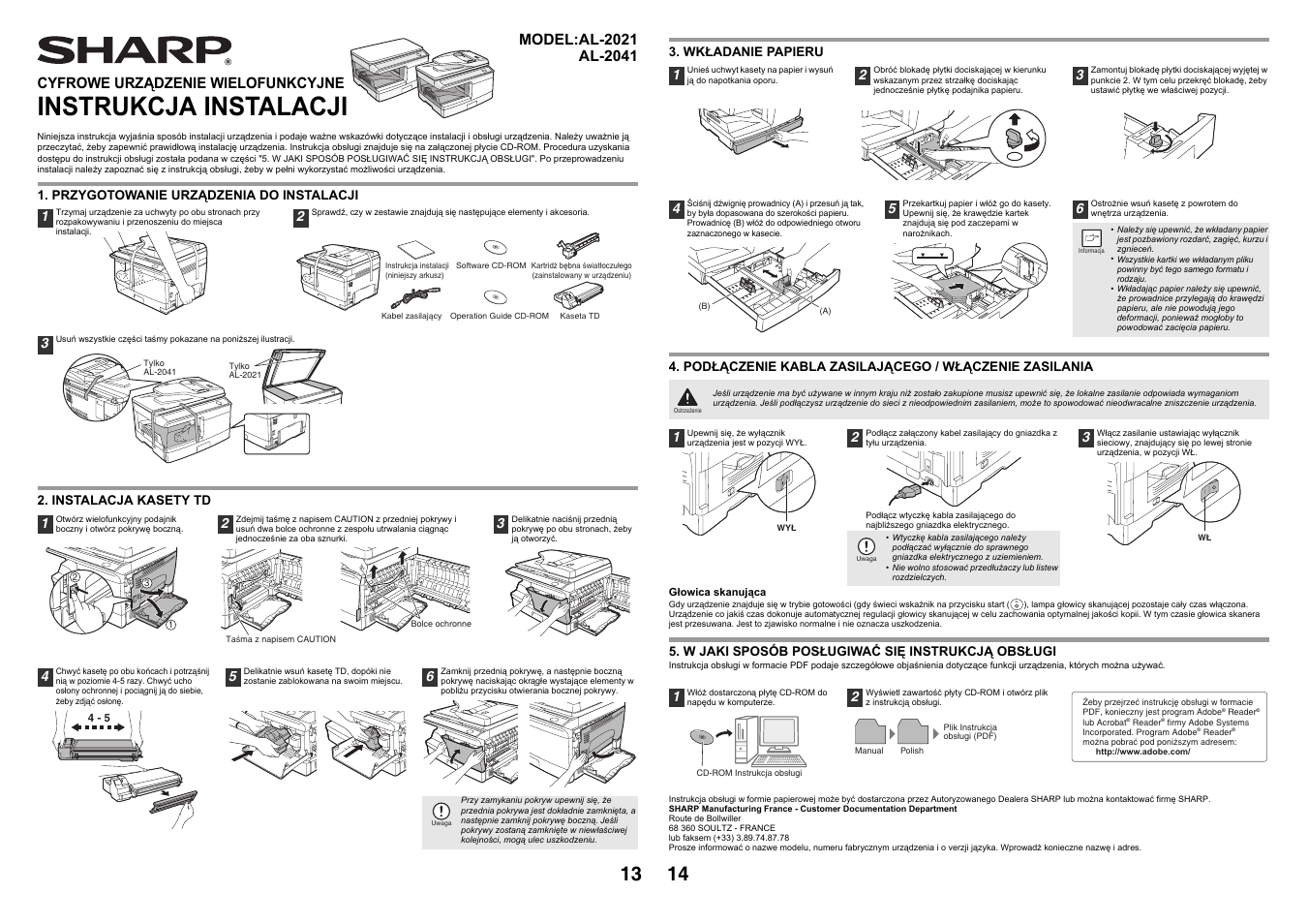 Instrukcja instalacji, Cyfrowe urządzenie wielofunkcyjne | Sharp AL-2041 User Manual | Page 15 / 40