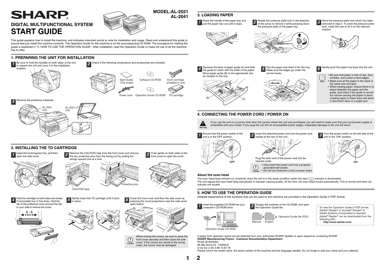 Start guide, Digital multifunctional system | Sharp AL-2041 User Manual | Page 3 / 40