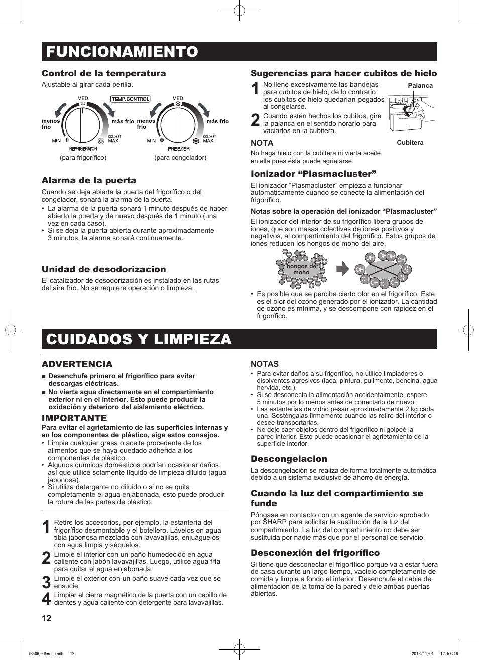 Funcionamiento, Cuidados y limpieza | Sharp SJ-GC440VBK User Manual | Page 12 / 104