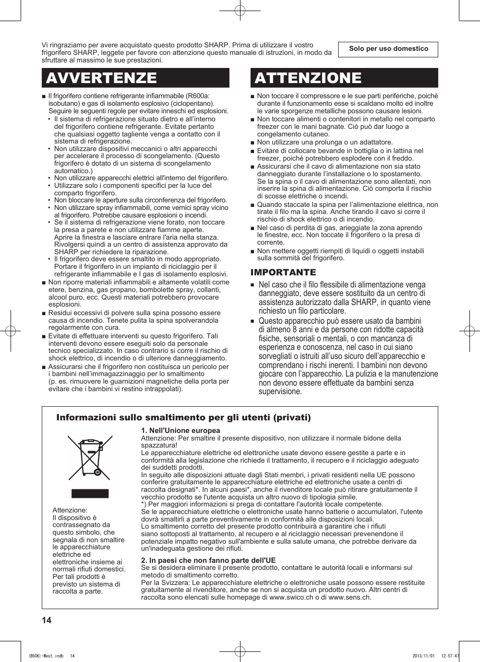 Avvertenze attenzione | Sharp SJ-GC440VBK User Manual | Page 14 / 104