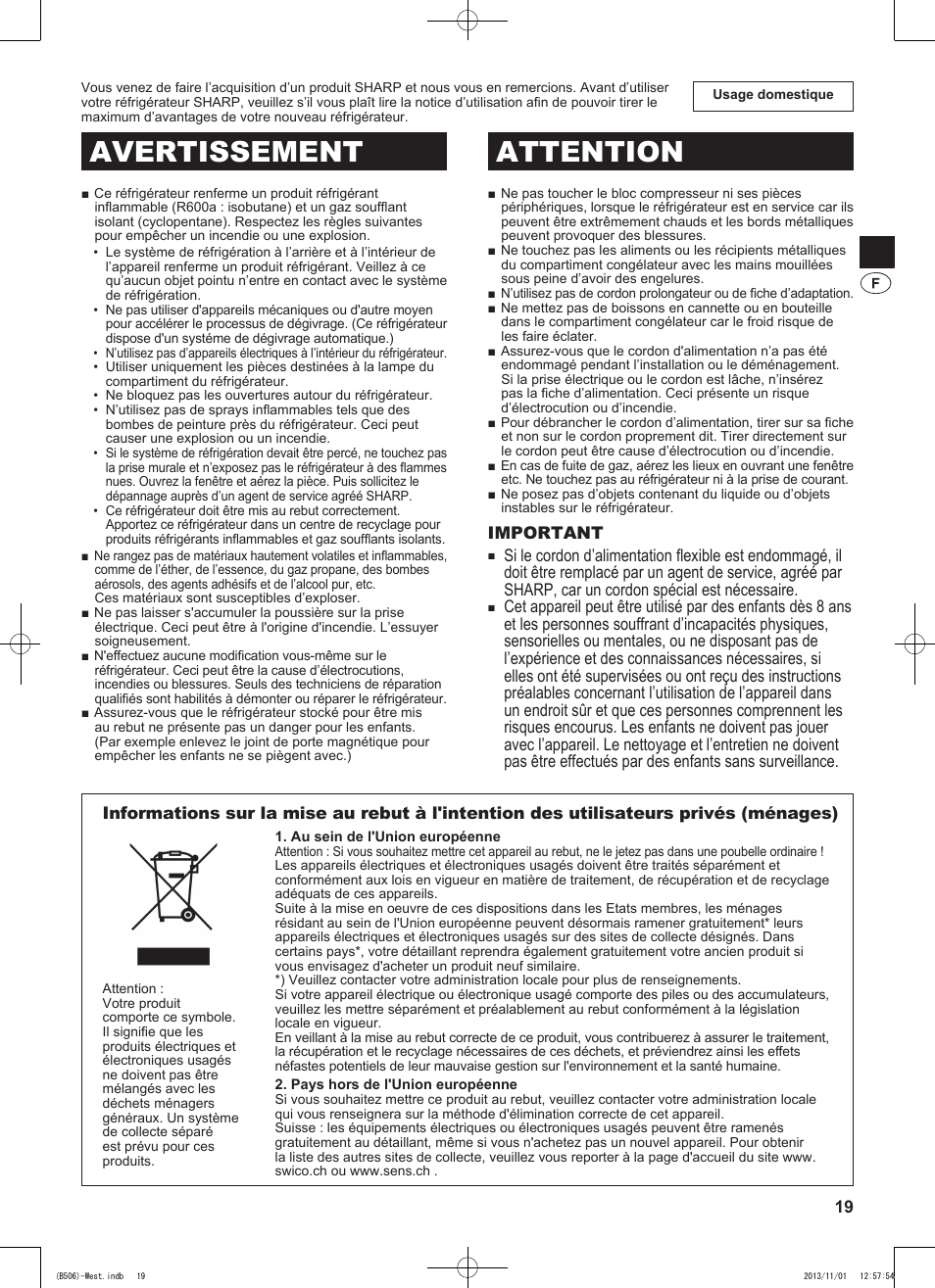 Avertissement attention | Sharp SJ-GC440VBK User Manual | Page 19 / 104