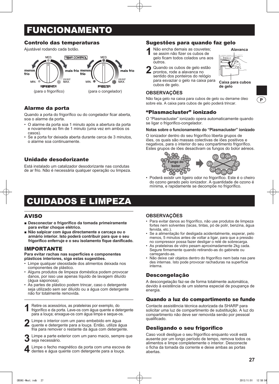 Funcionamento, Cuidados e limpeza | Sharp SJ-GC440VBK User Manual | Page 27 / 104