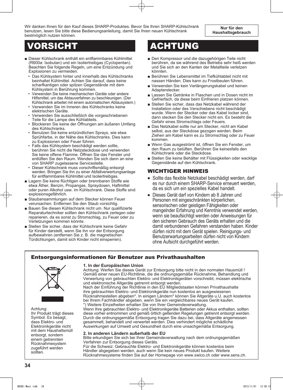 Vorsicht achtung | Sharp SJ-GC440VBK User Manual | Page 34 / 104