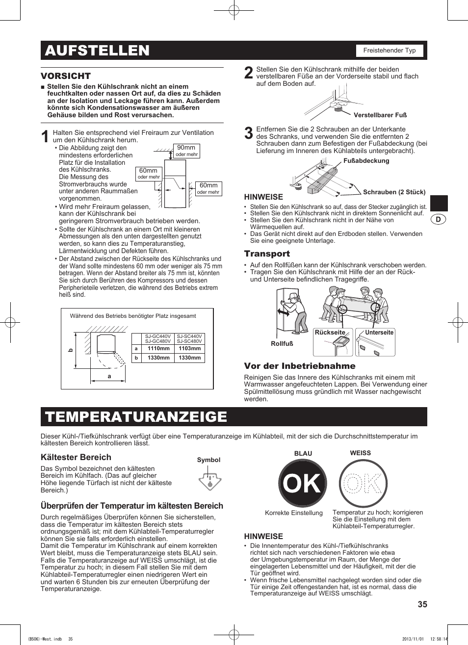 Aufstellen, Temperaturanzeige | Sharp SJ-GC440VBK User Manual | Page 35 / 104