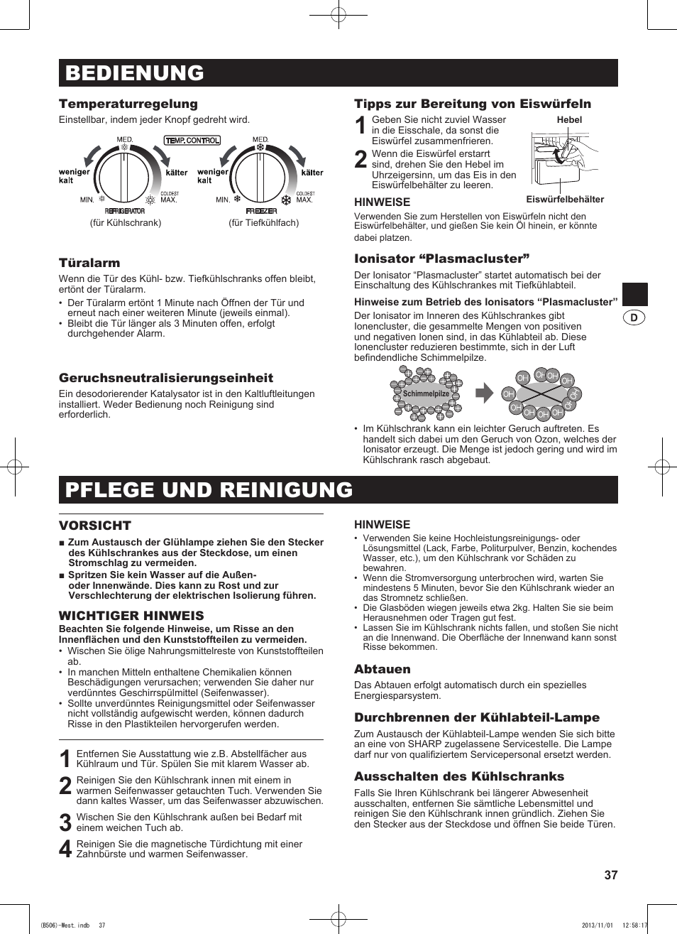 Bedienung, Pflege und reinigung | Sharp SJ-GC440VBK User Manual | Page 37 / 104