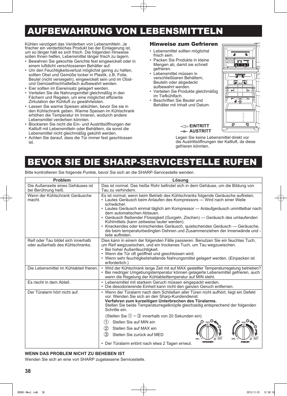 Aufbewahrung von lebensmitteln, Bevor sie die sharp-servicestelle rufen, Hinweise zum gefrieren | Sharp SJ-GC440VBK User Manual | Page 38 / 104