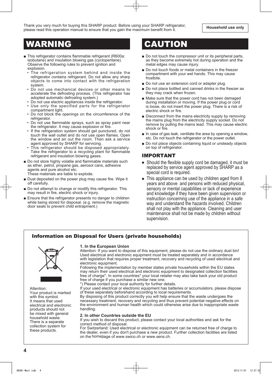 Warning caution | Sharp SJ-GC440VBK User Manual | Page 4 / 104