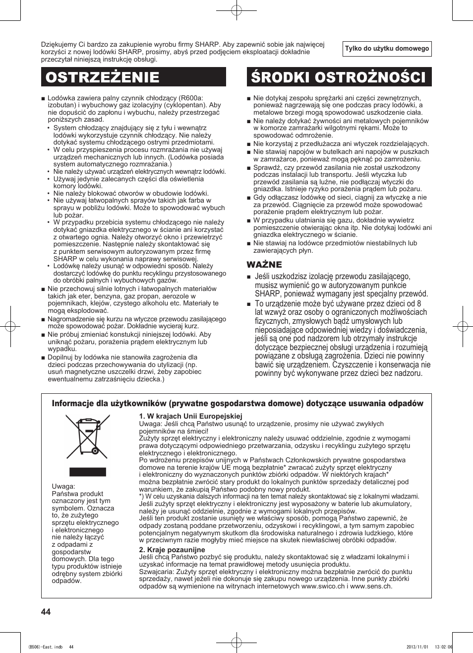 Ostrzeżenie środki ostrożności, Ważne | Sharp SJ-GC440VBK User Manual | Page 44 / 104