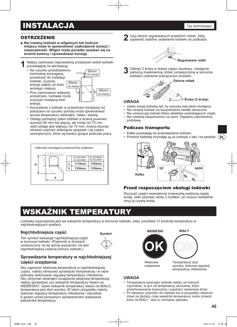 Instalacja, Wskaźnik temperatury | Sharp SJ-GC440VBK User Manual | Page 45 / 104