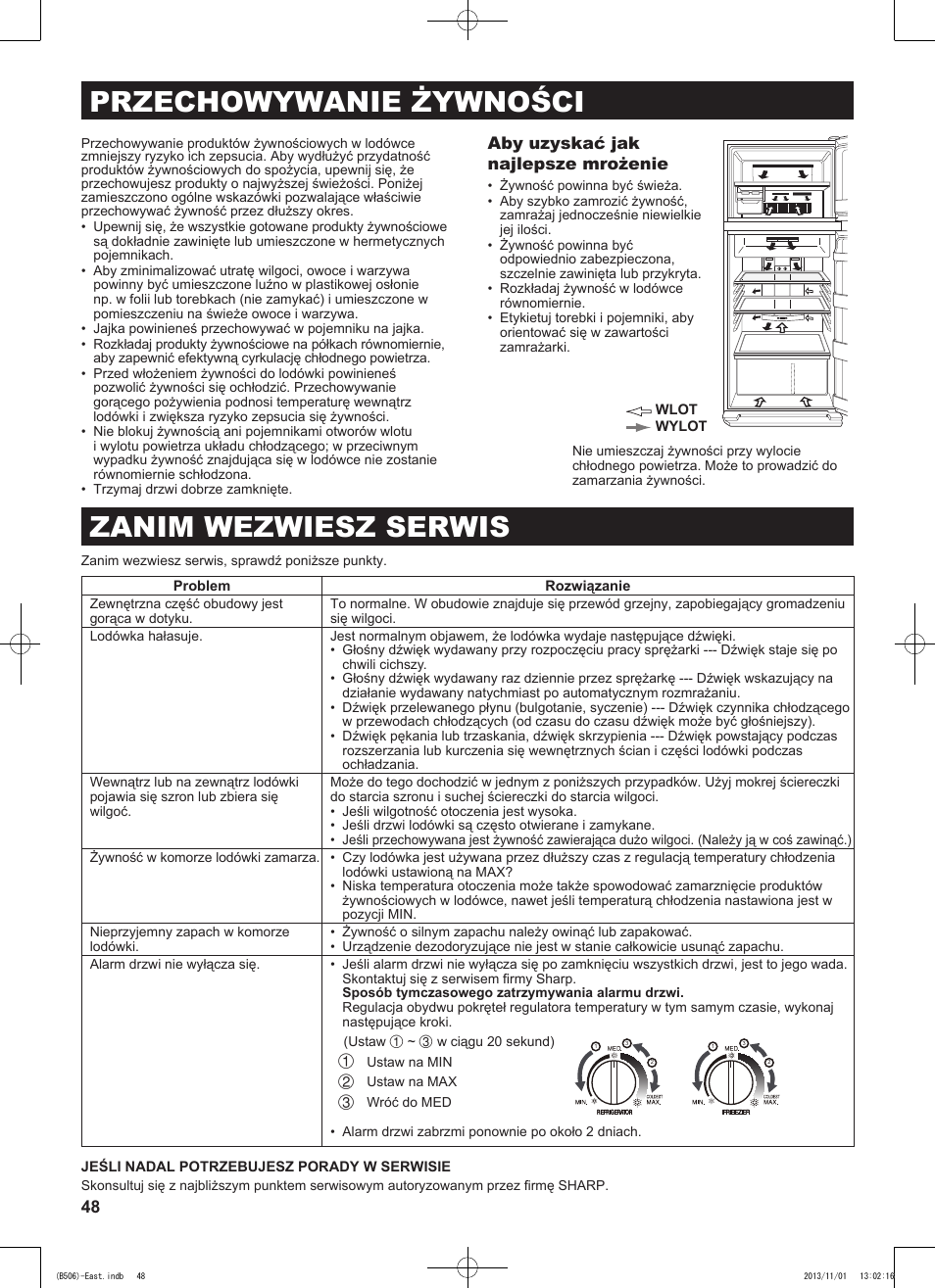 Przechowywanie żywności, Zanim wezwiesz serwis, Aby uzyskać jak najlepsze mrożenie | Sharp SJ-GC440VBK User Manual | Page 48 / 104