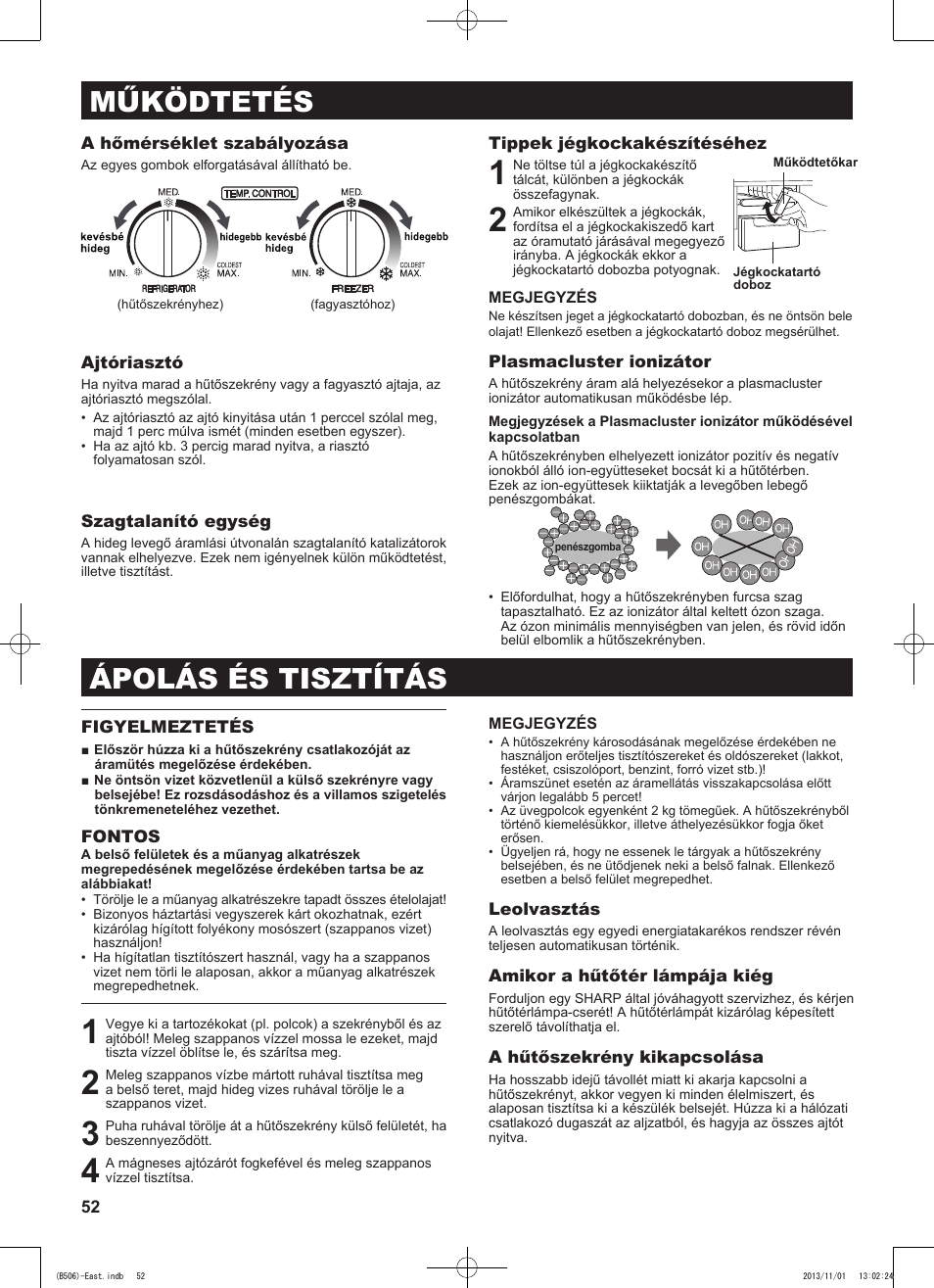 Működtetés, Ápolás és tisztítás | Sharp SJ-GC440VBK User Manual | Page 52 / 104