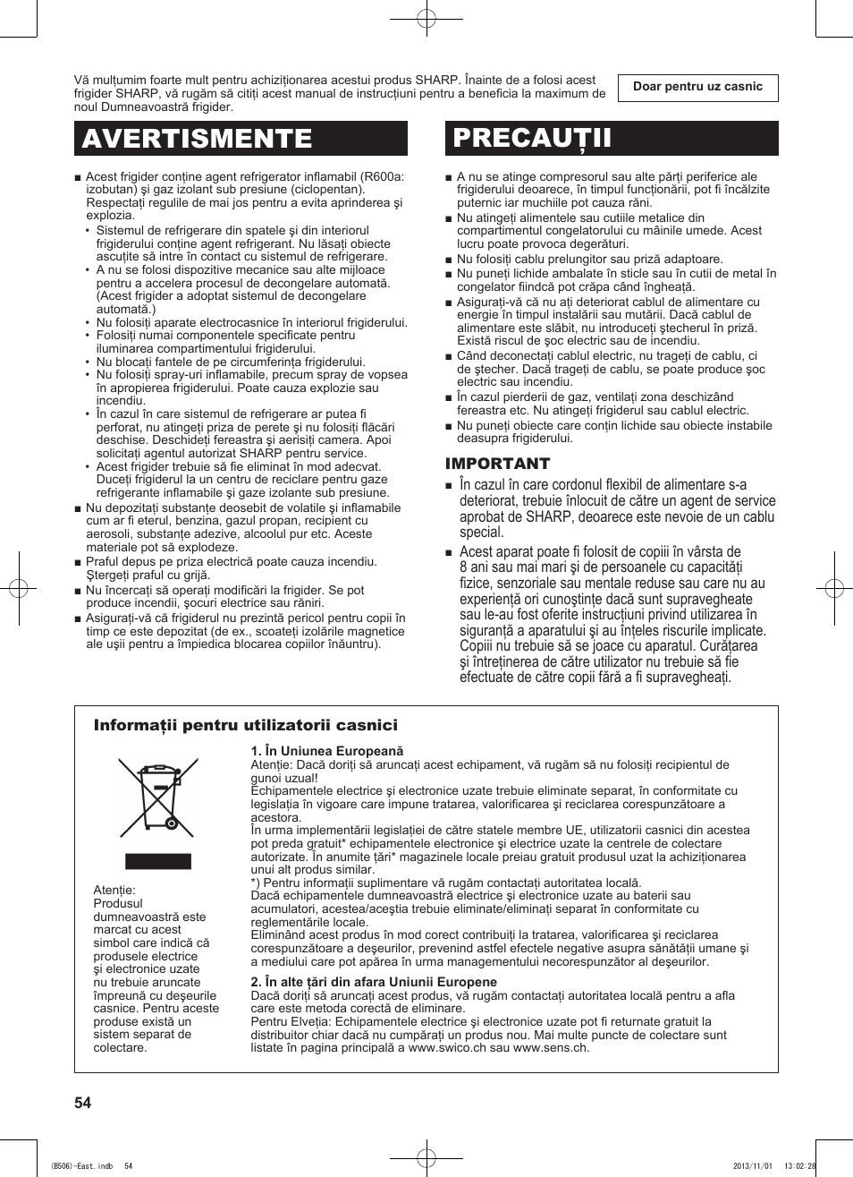 Avertismente precauţii | Sharp SJ-GC440VBK User Manual | Page 54 / 104