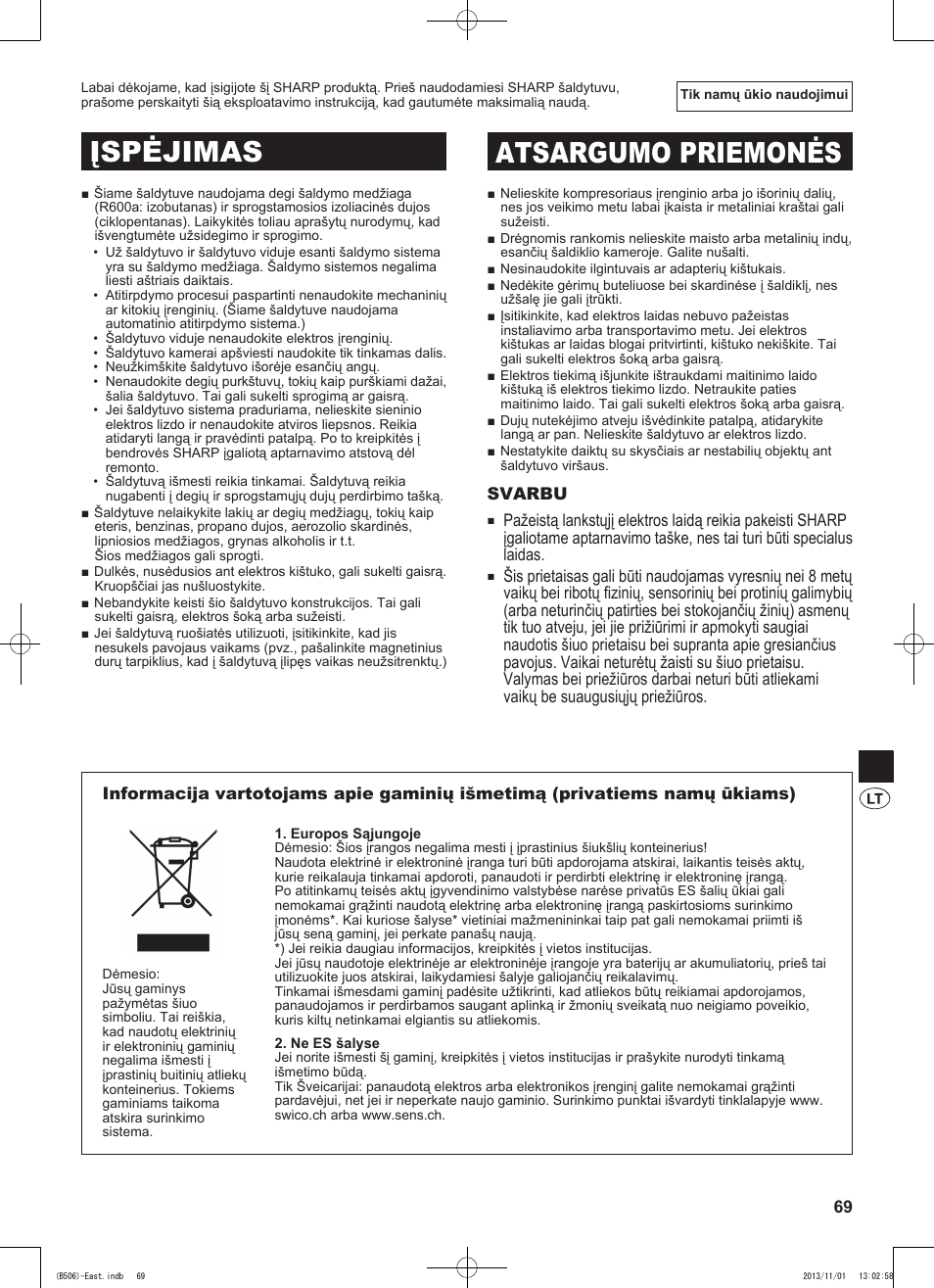 Įspėjimas atsargumo priemonės | Sharp SJ-GC440VBK User Manual | Page 69 / 104