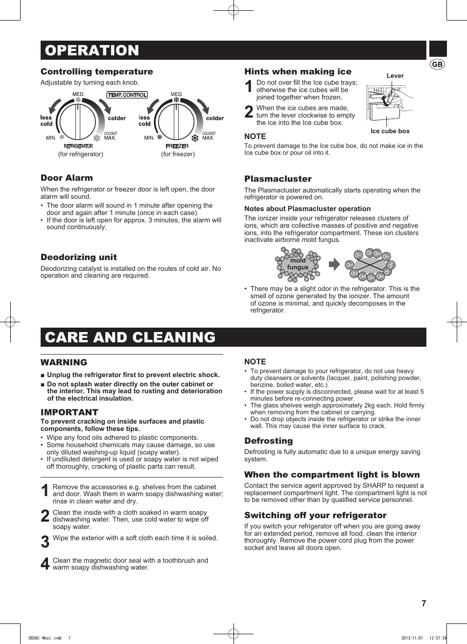 Operation, Care and cleaning | Sharp SJ-GC440VBK User Manual | Page 7 / 104
