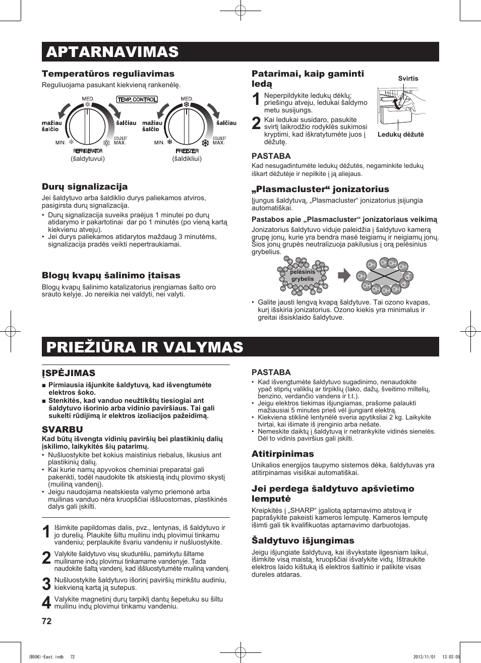 Aptarnavimas, Priežiūra ir valymas | Sharp SJ-GC440VBK User Manual | Page 72 / 104