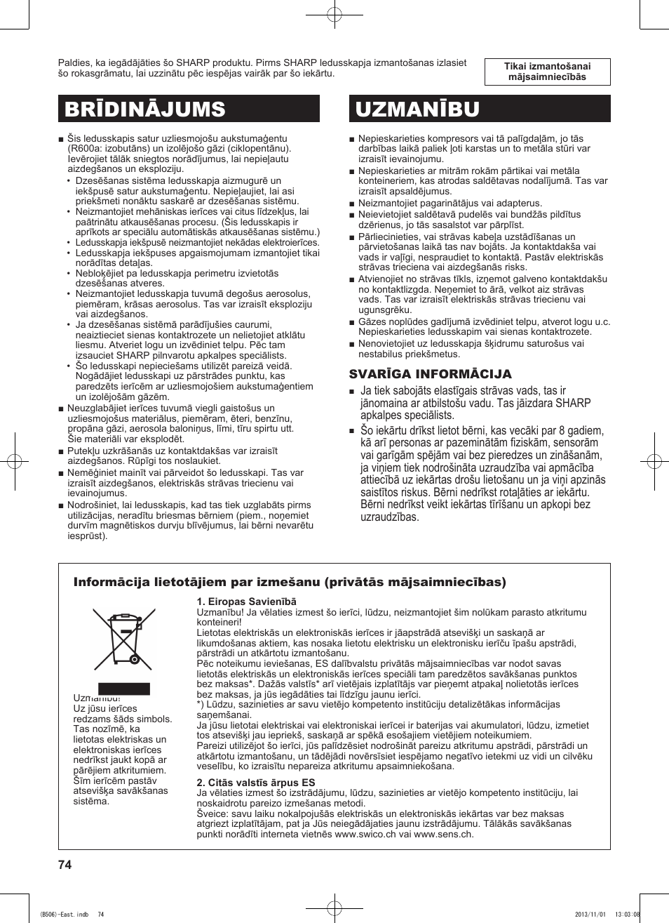 Brīdinājums uzmanību, Svarīga informācija | Sharp SJ-GC440VBK User Manual | Page 74 / 104