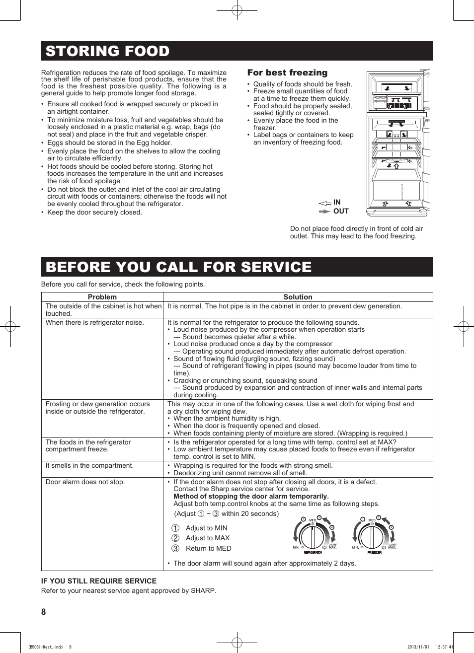 Storing food, Before you call for service, For best freezing | Sharp SJ-GC440VBK User Manual | Page 8 / 104