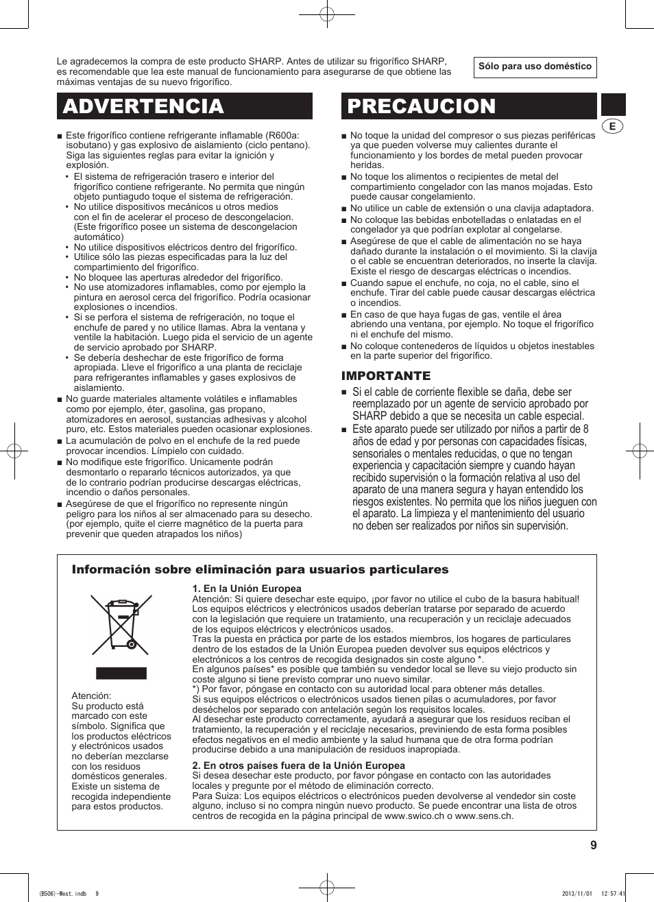 Advertencia precaucion, Importante | Sharp SJ-GC440VBK User Manual | Page 9 / 104