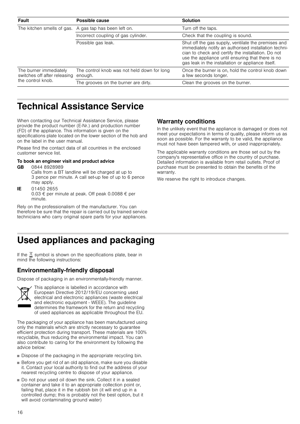 Technical assistance service, To book an engineer visit and product advice, Warranty conditions | Used appliances and packaging, Environmentally-friendly disposal | Neff T66S66N0 User Manual | Page 16 / 45