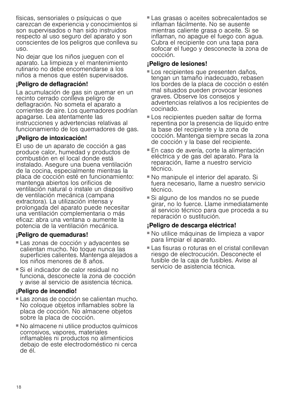 Peligro de deflagración, Peligro de intoxicación, Peligro de quemaduras | Peligro de incendio, Peligro de lesiones, Peligro de descarga eléctrica | Neff T66S66N0 User Manual | Page 18 / 45