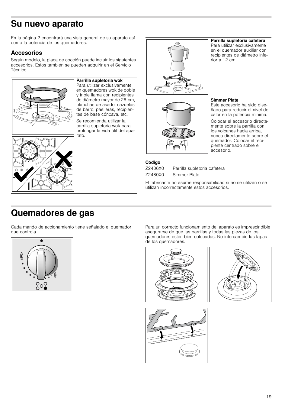 Su nuevo aparato, Accesorios, Código | Quemadores de gas | Neff T66S66N0 User Manual | Page 19 / 45