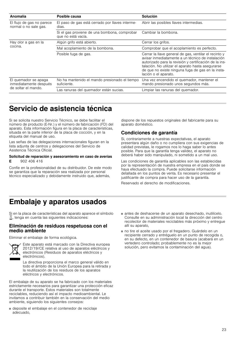 Servicio de asistencia técnica, Condiciones de garantía, Embalaje y aparatos usados | Écnica condiciones de garantía, Os usados | Neff T66S66N0 User Manual | Page 23 / 45