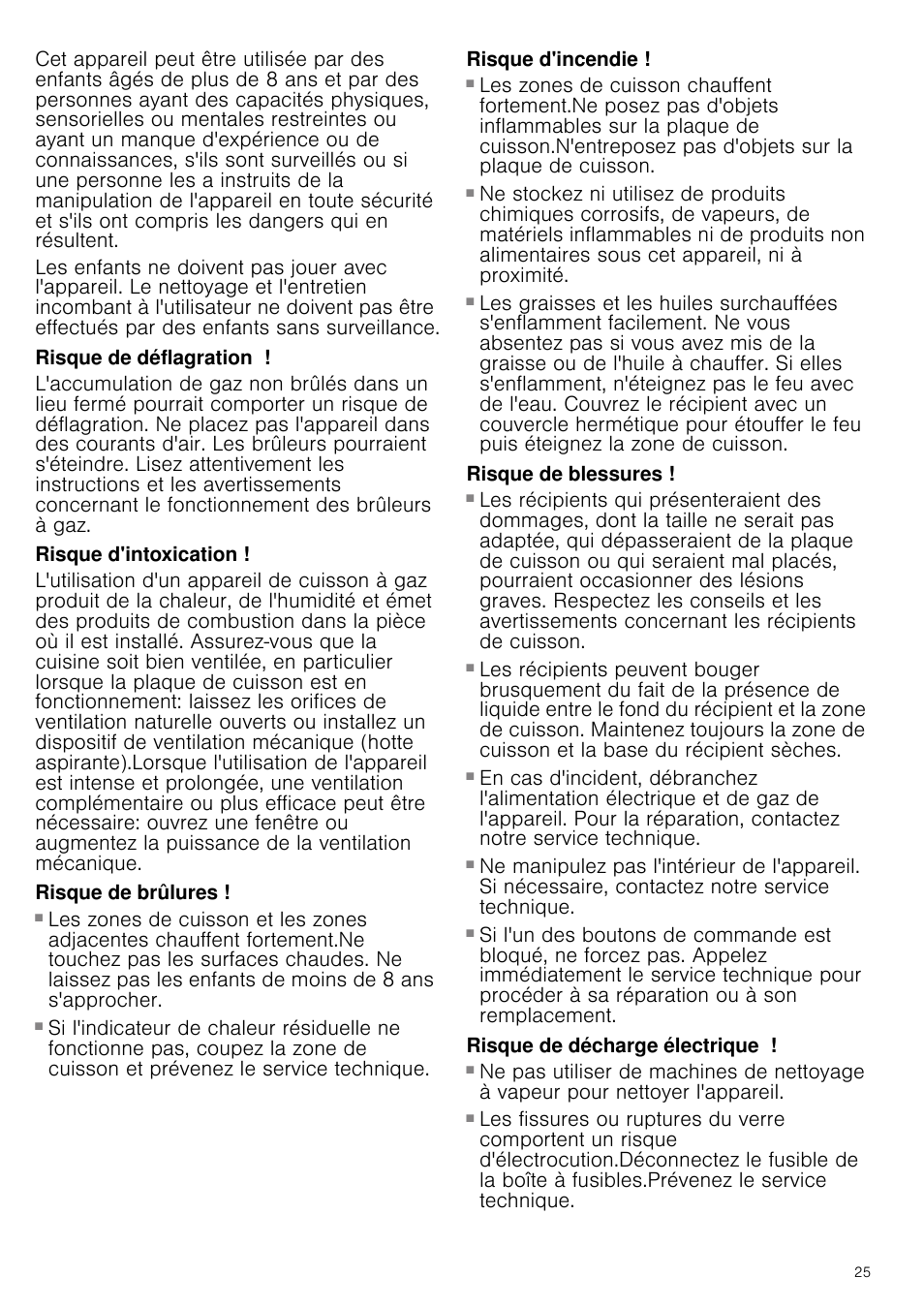 Risque de déflagration, Risque d'intoxication, Risque de brûlures | Risque d'incendie, Risque de blessures, Risque de décharge électrique | Neff T66S66N0 User Manual | Page 25 / 45