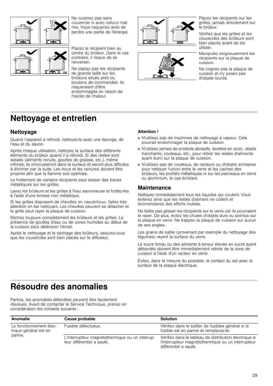 Nettoyage et entretien, Nettoyage, Attention | Maintenance, Résoudre des anomalies, Maintenance résoudre des anomalies | Neff T66S66N0 User Manual | Page 29 / 45