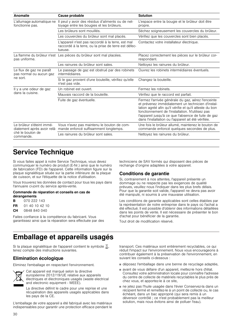 Service technique, Conditions de garantie, Emballage et appareils usagés | Elimination écologique, És elimination écologique | Neff T66S66N0 User Manual | Page 30 / 45