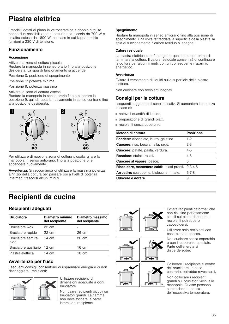 Piastra elettrica, Funzionamento, Accensione | Avvertenza, Spegnimento, Calore residuale, Avvertenze, Consigli per la cottura, Preparazione di grandi piatti, Recipienti da cucina | Neff T66S66N0 User Manual | Page 35 / 45