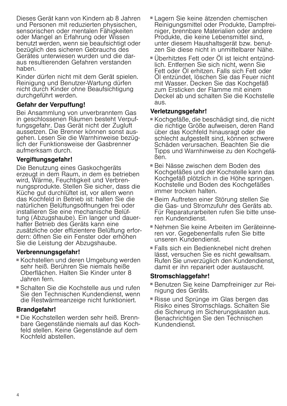 Gefahr der verpuffung, Vergiftungsgefahr, Verbrennungsgefahr | Brandgefahr, Verletzungsgefahr, Stromschlaggefahr | Neff T66S66N0 User Manual | Page 4 / 45